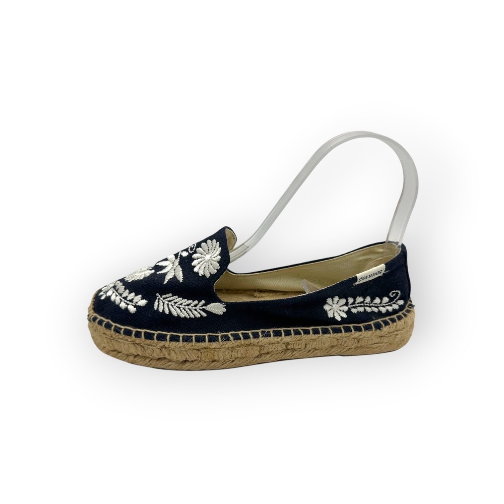 Soludos Womens Navy Blue Floral Embroidered Canvas Platform Espadrilles Size 5.5